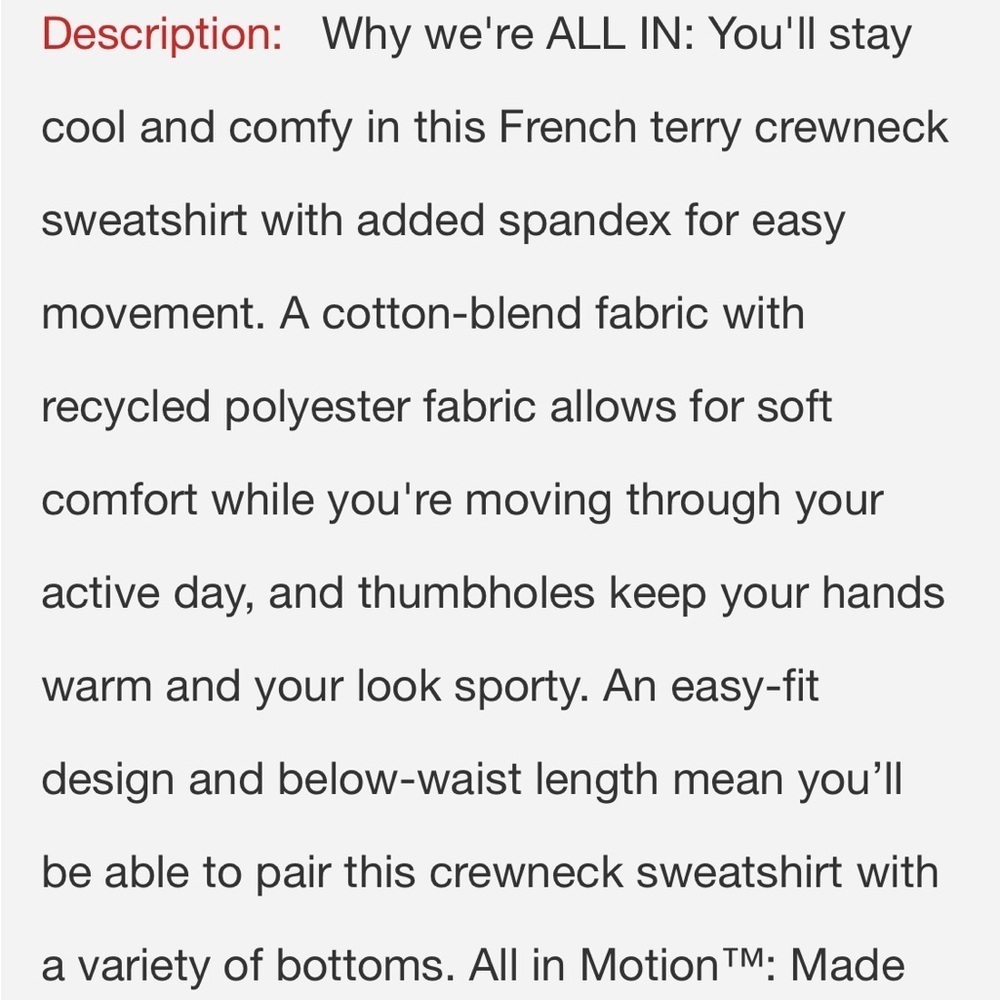 All In Motion FRENCH TERRY Long Sleeve SWEATSHIRT Ivory Women’s 4X 28-30 - Picture 13 of 13